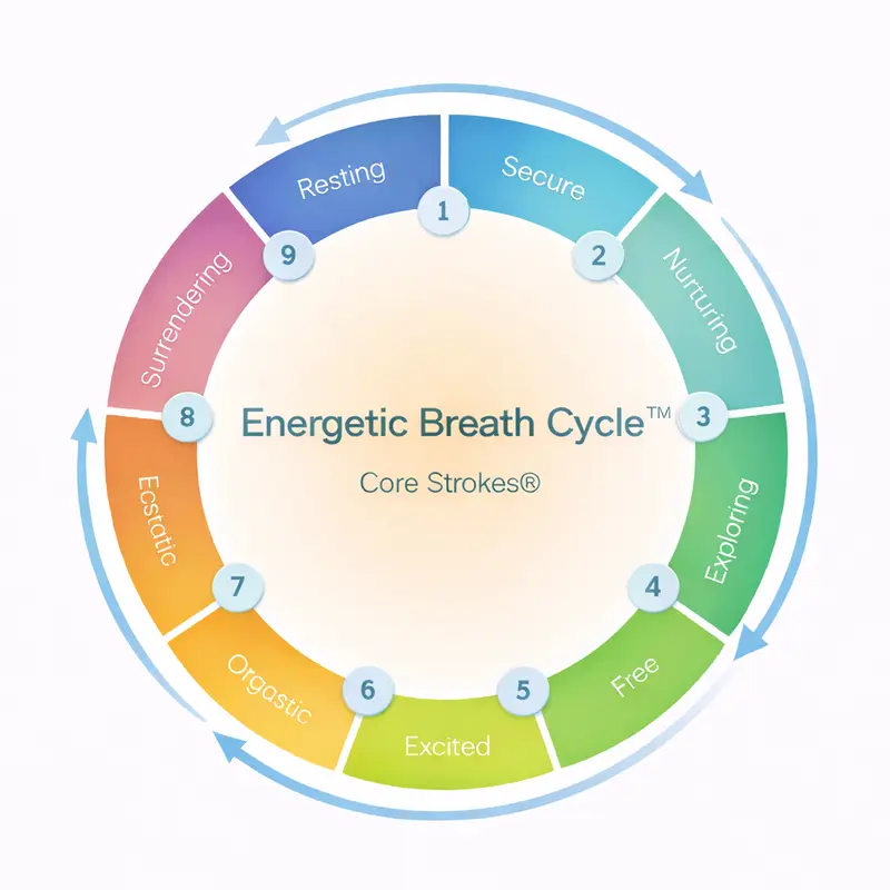 Diagram of the Energetic Breath Cycle™ showing nine phases of embodied breathing arranged in a circular flow within the Core Strokes® framework.