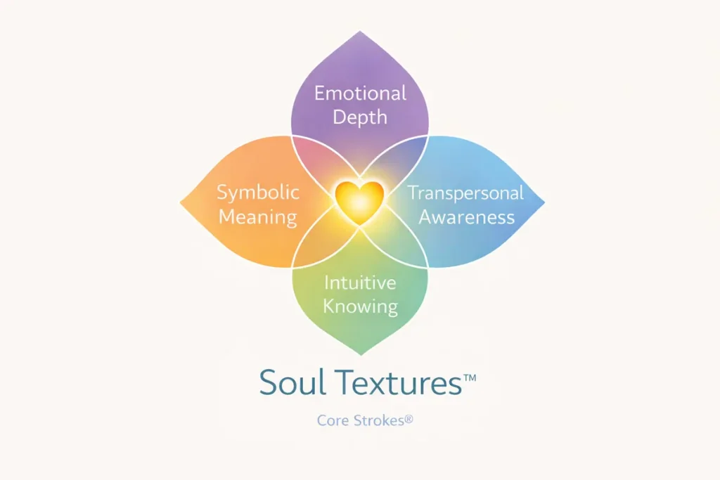 Soul Textures™ — Four Dimensions of Inner Experience Four-petal mandala diagram illustrating the Soul Textures™ model in Core Strokes®, showing Emotional Depth, Intuitive Knowing, Symbolic Meaning, and Transpersonal Awareness converging in the heart of embodied experience.