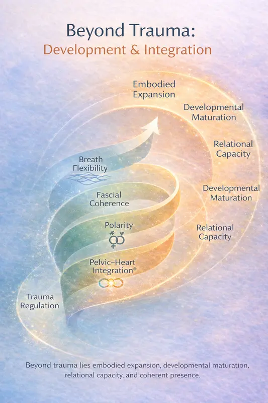 Beyond Trauma: Development & Integration — Core Strokes® Diagram illustrating developmental integration beyond trauma in the Core Strokes® framework, showing a spiral progression from trauma regulation toward breath flexibility, fascial coherence, polarity, pelvic–heart integration, relational capacity, and embodied maturation.