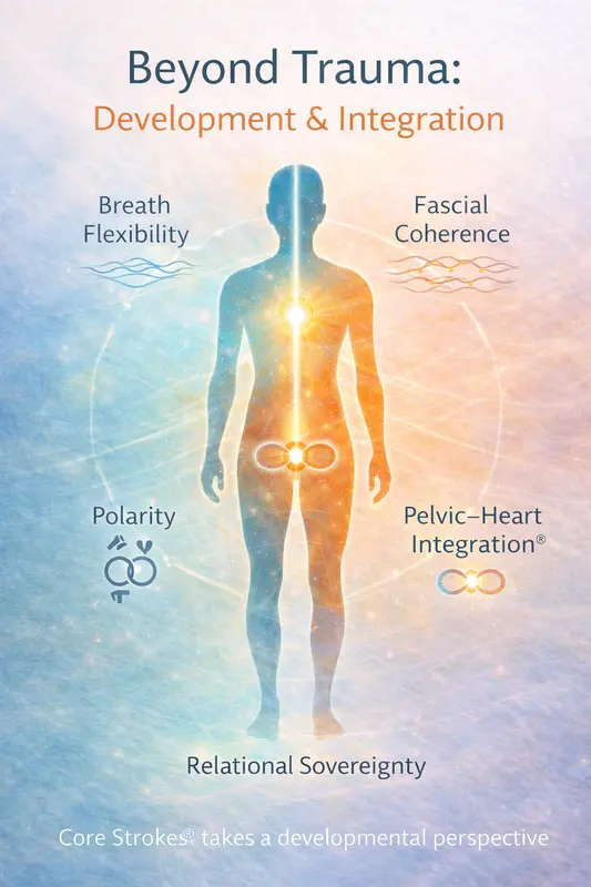 Beyond Trauma: Development & Integration — Core Strokes® Diagram illustrating developmental integration beyond trauma in the Core Strokes® framework, showing breath flexibility, fascial coherence, polarity, pelvic–heart integration, and relational sovereignty within embodied maturation.