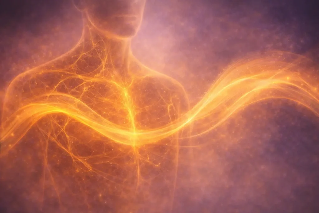 memory-of-fascia-breath-tissue-core-strokes Illustration of the fascial network in the human torso responding to breath, symbolizing how lived experience becomes organized in fascia within the Core Strokes® framework.