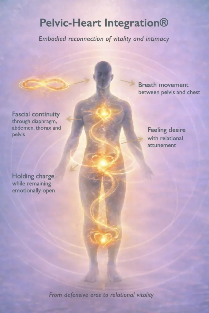 Pelvic–Heart Integration® — Embodied Reconnection of Vitality and Intimacy Diagram illustrating Pelvic–Heart Integration® within the Core Strokes® framework, showing a glowing energetic spiral connecting pelvis and heart through breath movement, fascial continuity, postural alignment, and relational attunement.