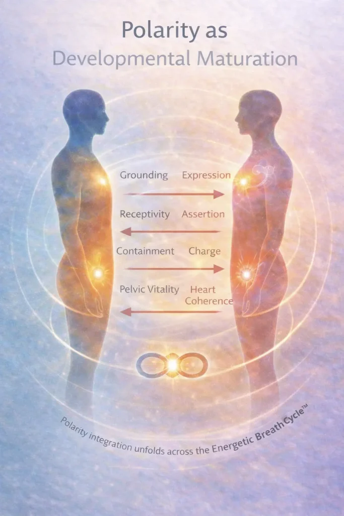 Polarity as Developmental Maturation — Core Strokes® Diagram illustrating polarity as developmental maturation in the Core Strokes® framework, showing the dynamic balance between grounding and expression, receptivity and assertion, containment and charge, and the pelvic–heart axis across the Energetic Breath Cycle™.