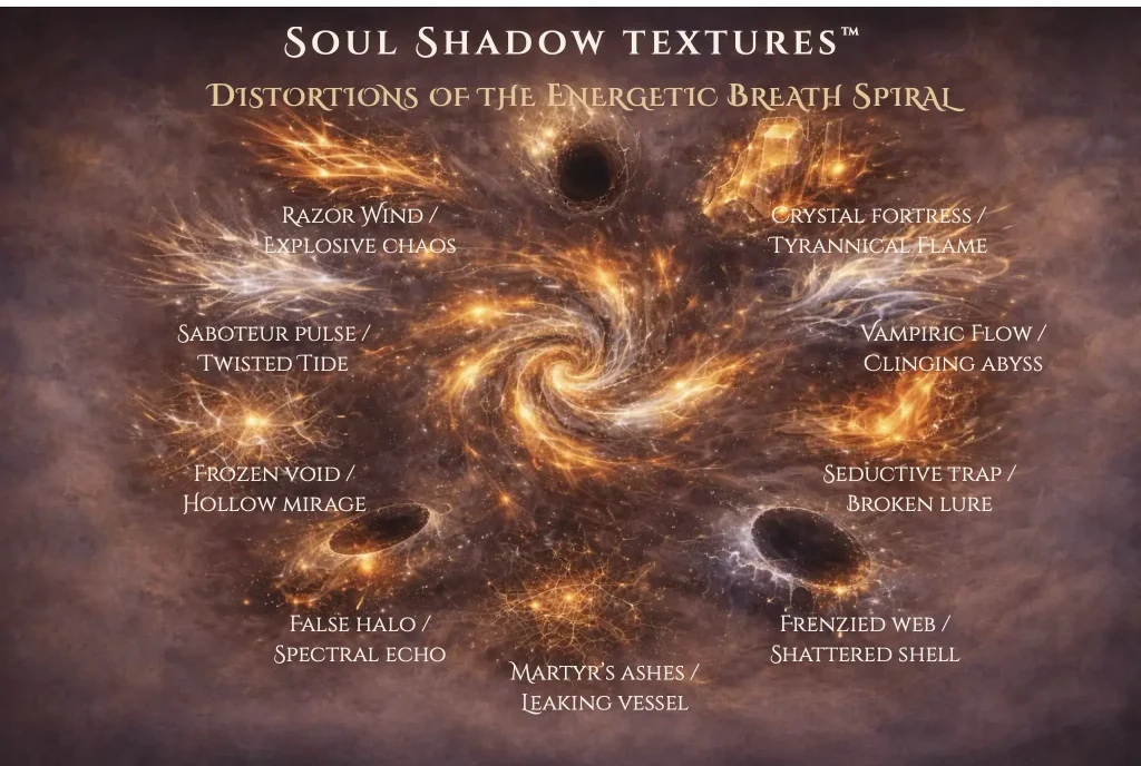 shadow-soul-textures-energetic-breath-spiral-core-strokes Diagram illustrating Shadow Soul Textures™ within the Core Strokes® framework, showing distorted energetic formations surrounding an interrupted breath spiral. Each formation represents a defensive survival configuration arising when phases of the Energetic Breath Cycle™ cannot complete.