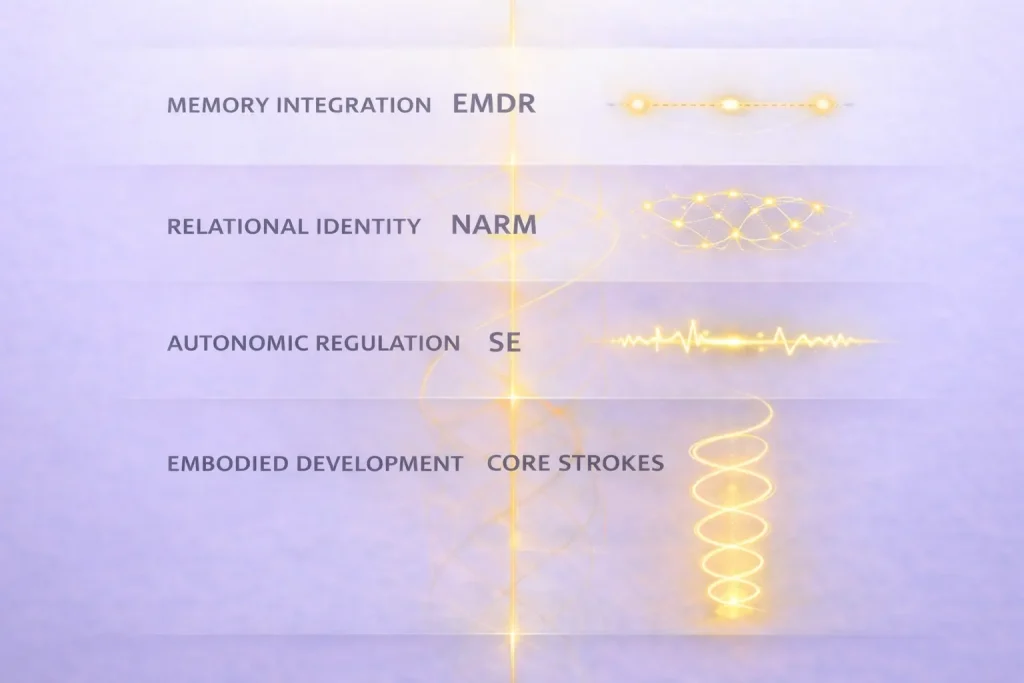 Levels of Trauma Integration — Comparing Therapeutic Approaches Diagram comparing trauma therapy approaches: EMDR (memory integration), NARM (relational identity), Somatic Experiencing (autonomic regulation), and Core Strokes (embodied development via developmental breath spiral).