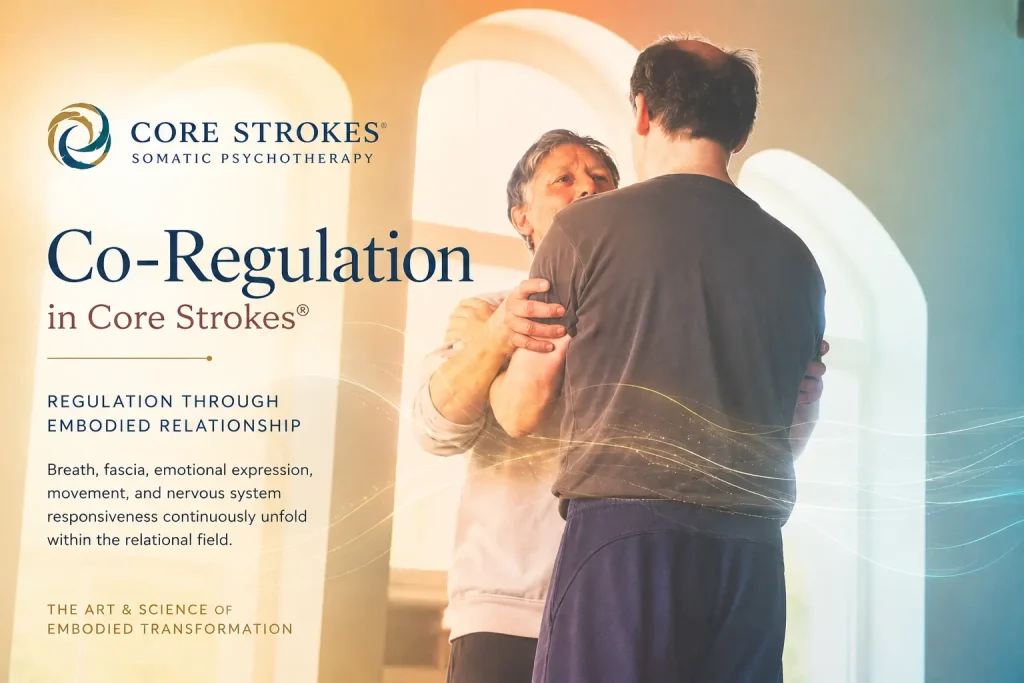 Co-Regulation in Core Strokes® | Embodied Relationship in Somatic Psychotherapy Co-regulation in Core Strokes® somatic psychotherapy illustrating embodied relational regulation through therapeutic presence, breath, touch, nervous system responsiveness, and emotional connection.