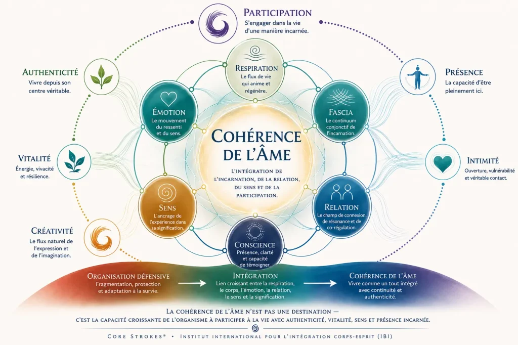 Diagramme de la Cohérence de l’Âme illustrant l’intégration du souffle, du fascia, de l’émotion, de la relation, du sens, de la conscience et de la participation incarnée dans le cadre Core Strokes®.