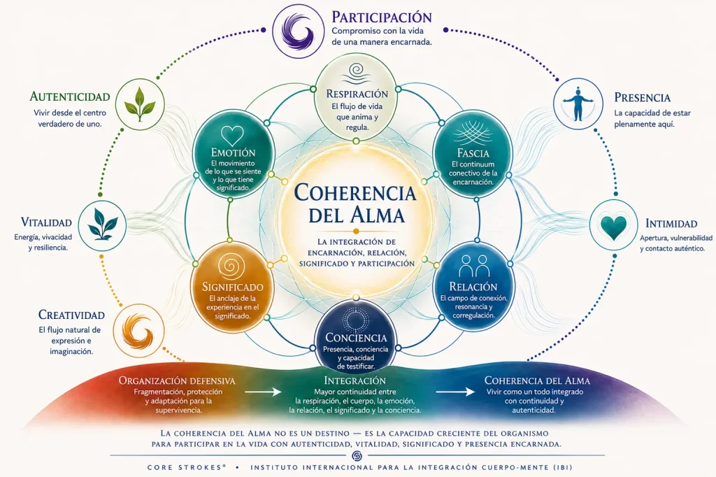 Diagrama de la Coherencia del Alma que muestra la integración de la respiración, la fascia, la emoción, la relación, el significado, la conciencia y la participación encarnada dentro del marco Core Strokes®.