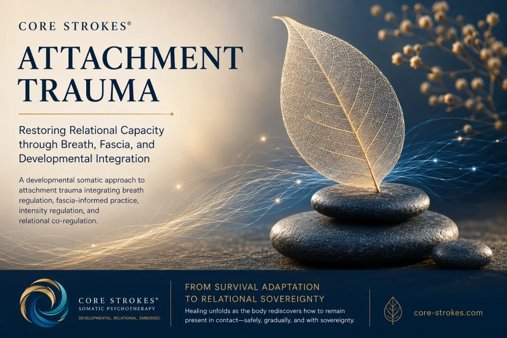 Core Strokes® and Attachment Trauma | Breath, Fascia & Relational Healing Core Strokes® and Attachment Trauma — developmental somatic psychotherapy integrating breath regulation, fascia-informed practice, relational co-regulation, and embodied healing.