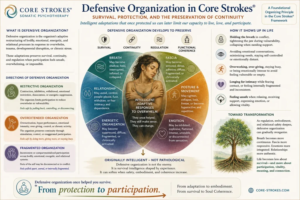 Defensive Organization in Core Strokes® | Survival, Protection & Therapeutic Transformation Defensive organization in Core Strokes® somatic psychotherapy showing survival adaptations, embodied protection, fascia, emotional regulation, relational patterns, and therapeutic transformation.