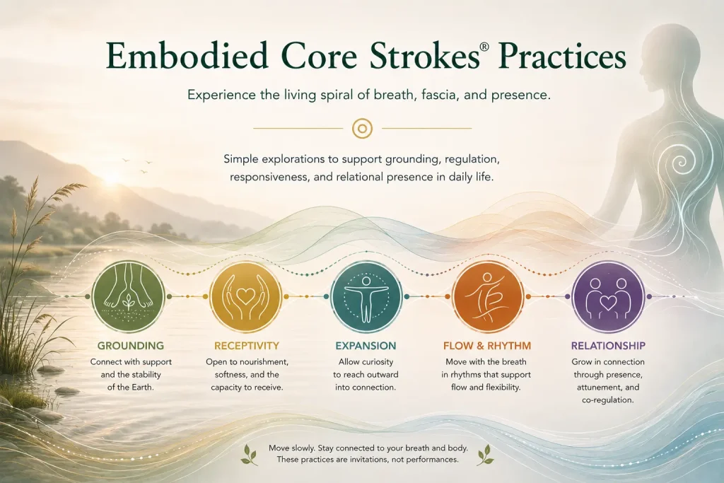 Embodied Core Strokes® practices for grounding, breath regulation, fascia awareness, emotional regulation, and relational co-regulation