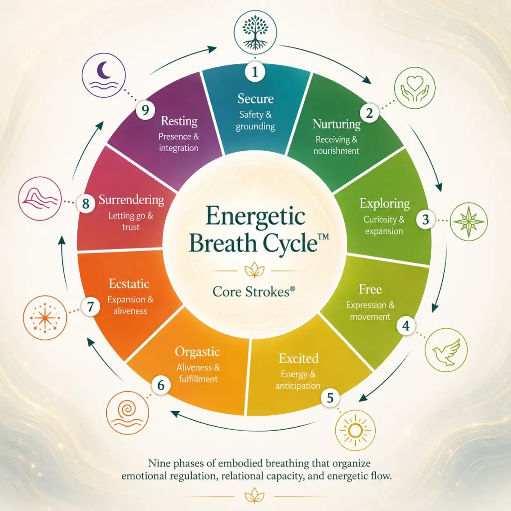 Circular diagram of the Energetic Breath Cycle™ showing nine developmental phases of embodied breathing, emotional regulation, energetic flow, and relational capacity within the Core Strokes® framework