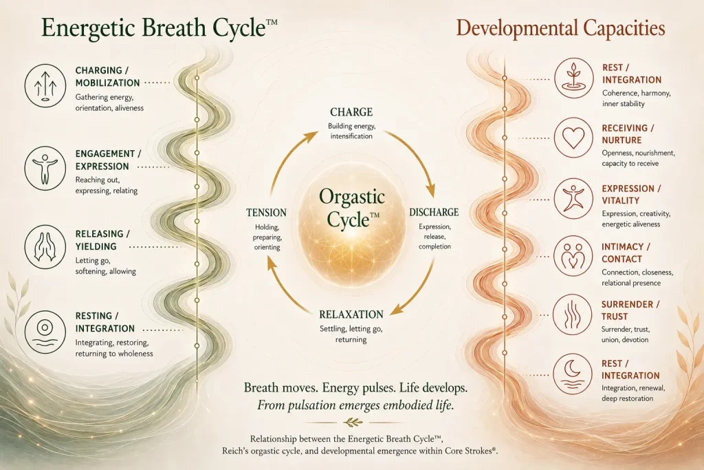 Diagram of the Energetic Breath Cycle™ showing Reich’s orgastic cycle, developmental capacities, emotional regulation, and embodied participation within the Core Strokes® framework