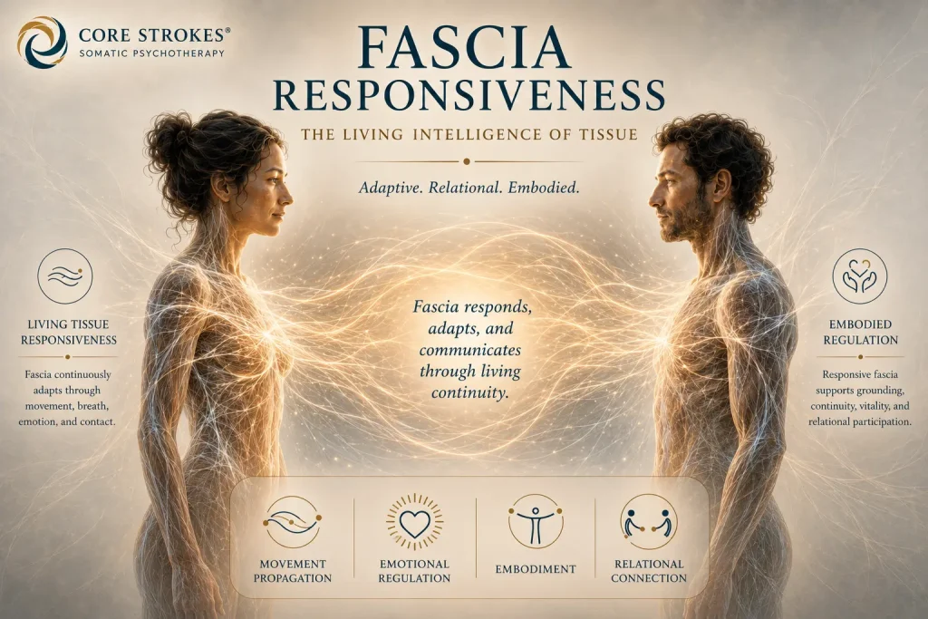 Fascia Responsiveness in Core Strokes® | Living Tissue, Embodiment & Regulation Fascia Responsiveness in Core Strokes® somatic psychotherapy showing living connective tissue responsiveness, movement propagation, emotional regulation, embodiment, and relational continuity between two people.