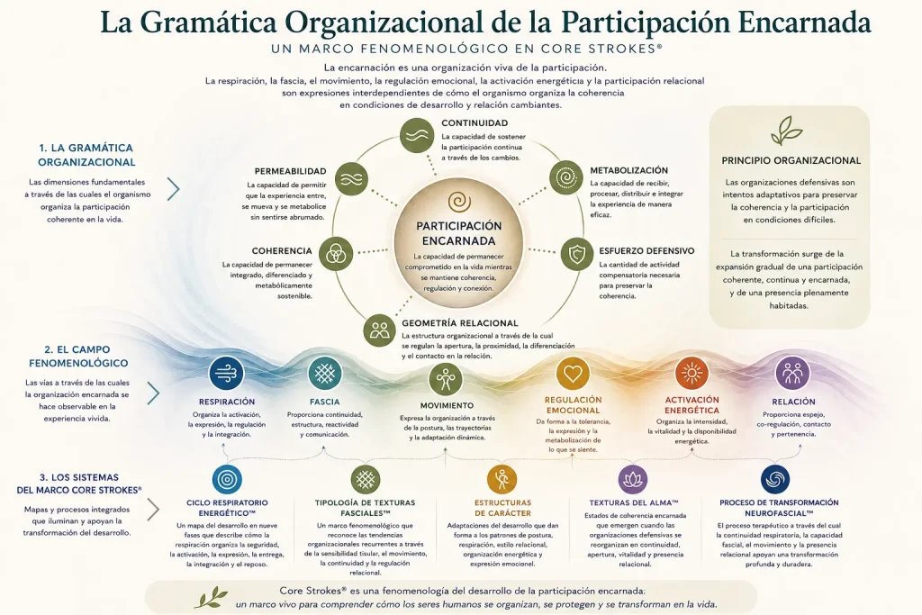 La Gramática Organizacional de la Participación Encarnada – Core Strokes® Diagrama de Core Strokes® que muestra la gramática organizacional de la participación encarnada a través de la respiración, la fascia, el movimiento, la regulación emocional y la participación relacional.
