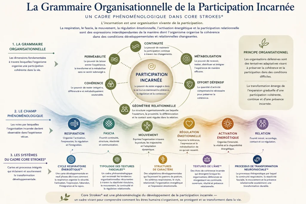La Grammaire Organisationnelle de la Participation Incarnée – Core Strokes® Diagramme Core Strokes® illustrant la grammaire organisationnelle de la participation incarnée à travers la respiration, le fascia, le mouvement, la régulation émotionnelle et la participation relationnelle.