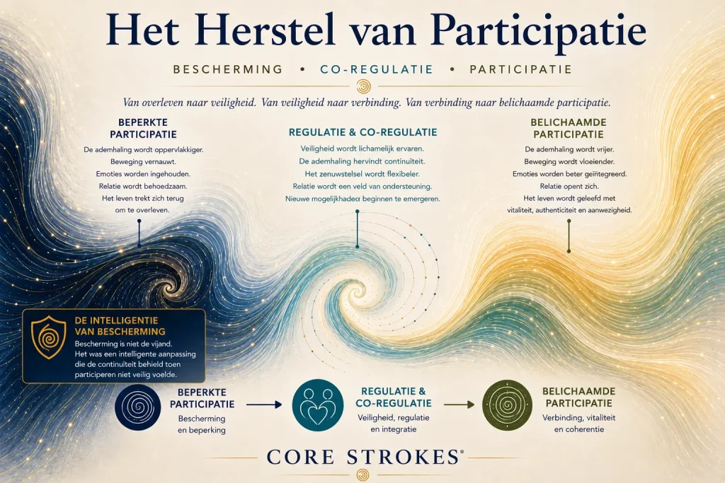 Diagram van Het Herstel van Participatie dat de beweging toont van beperkte participatie via regulatie en co-regulatie naar belichaamde participatie binnen het Core Strokes®-framework.
