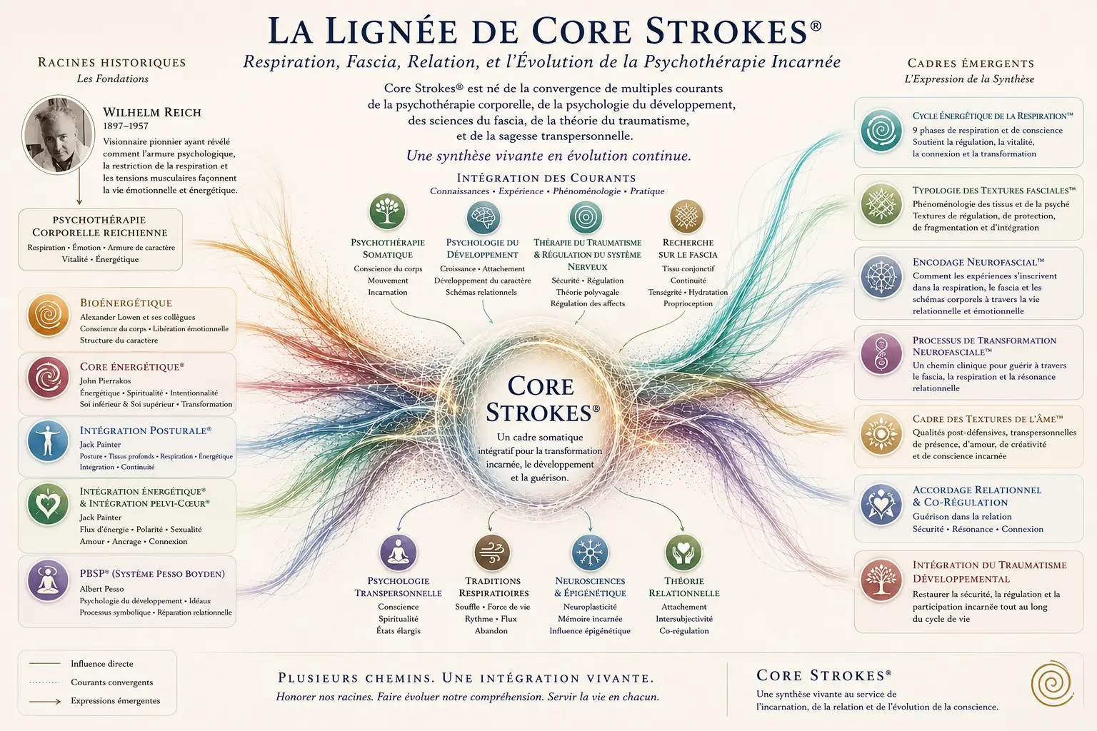 La Lignée de Core Strokes® — Respiration, Fascia, Relation et l’Évolution de la Psychothérapie Incarnée Schéma illustrant la lignée de Core Strokes® à travers la psychothérapie corporelle reichienne, la recherche sur le fascia, la thérapie du traumatisme et la psychologie développementale.