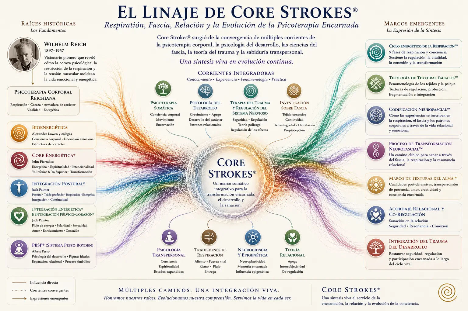 El Linaje de Core Strokes® — Respiración, Fascia, Relación y la Evolución de la Psicoterapia Encarnada Diagrama que muestra el linaje de Core Strokes® a través de la psicoterapia corporal reichiana, la investigación de la fascia, la terapia del trauma y la psicología del desarrollo.