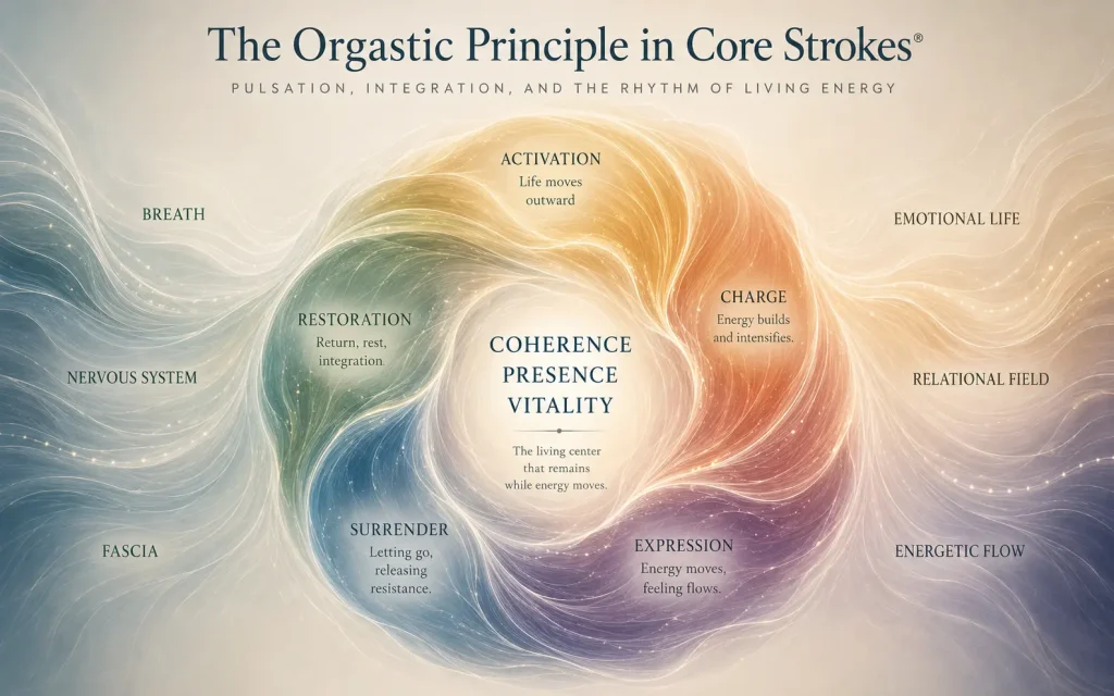 The Orgastic Principle in Core Strokes® | Pulsation, Breath & Embodied Regulation Conceptual infographic illustrating the orgastic principle in Core Strokes® through flowing energetic cycles of activation, charge, expression, surrender, and restoration surrounding coherence, presence, and vitality.