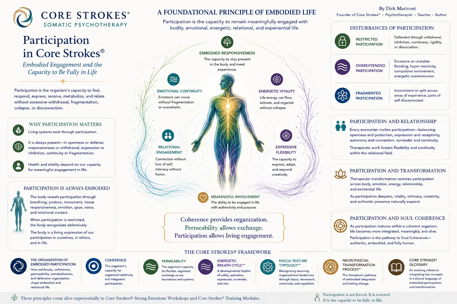 Participation in Core Strokes® Framework Diagram illustrating participation in the Core Strokes® somatic psychotherapy framework, showing embodied engagement, emotional continuity, relational participation, energetic vitality, and therapeutic transformation.