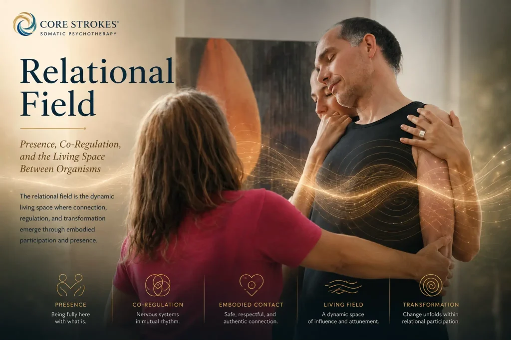 Relational Field in Core Strokes® | Presence, Co-Regulation & Embodied Contact Relational Field in Core Strokes® somatic psychotherapy showing embodied contact, co-regulation, therapeutic presence, and relational participation between people.