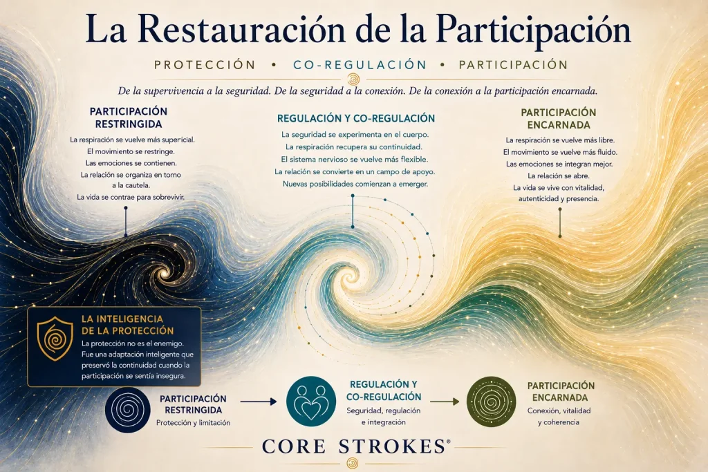 Diagrama de La Restauración de la Participación que muestra el paso de una participación restringida hacia una participación encarnada mediante regulación y corregulación dentro del marco Core Strokes®.