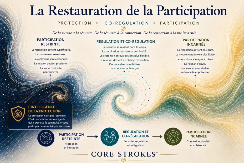 Schéma illustrant le passage d’une participation restreinte vers une participation incarnée grâce à la régulation et à la co-régulation dans le cadre Core Strokes®.