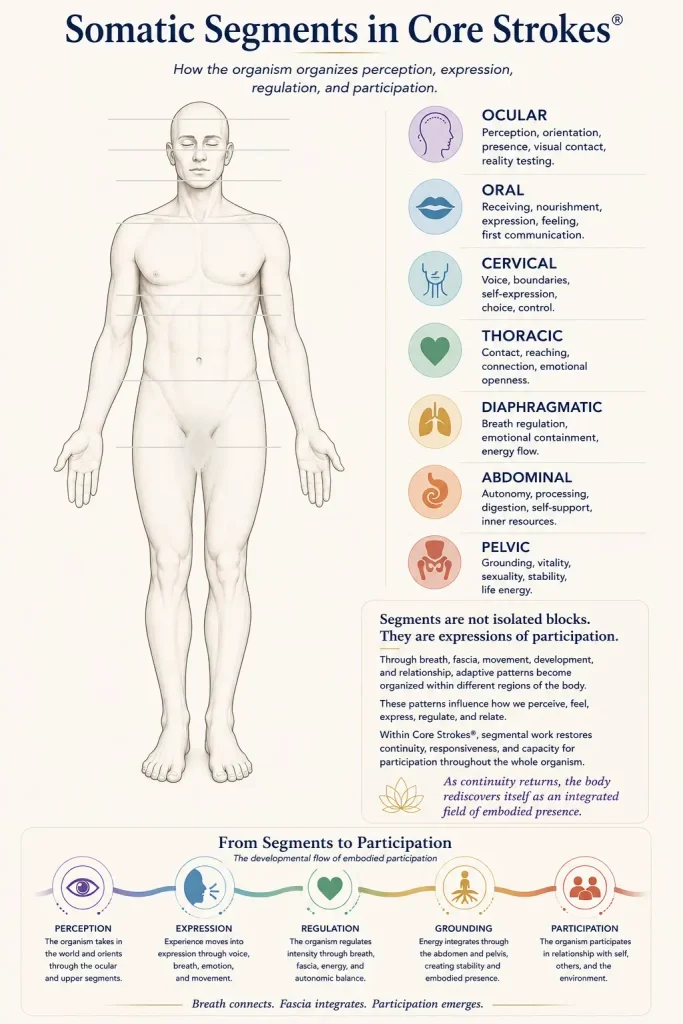 Somatic Segments in Core Strokes® Diagram of the seven somatic segments in Core Strokes®, illustrating how perception, expression, regulation, grounding, and participation are organized through breath, fascia, movement, and embodied experience.