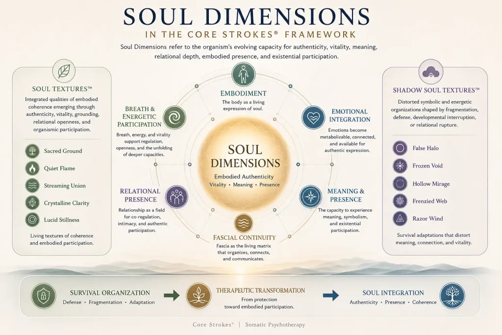 Soul Dimensions in Core Strokes® | Embodiment, Meaning & Therapeutic Transformation Soul Dimensions in Core Strokes® somatic psychotherapy showing embodiment, emotional integration, relational presence, Soul Textures™, Shadow Soul Textures™, fascial continuity, and therapeutic transformation.