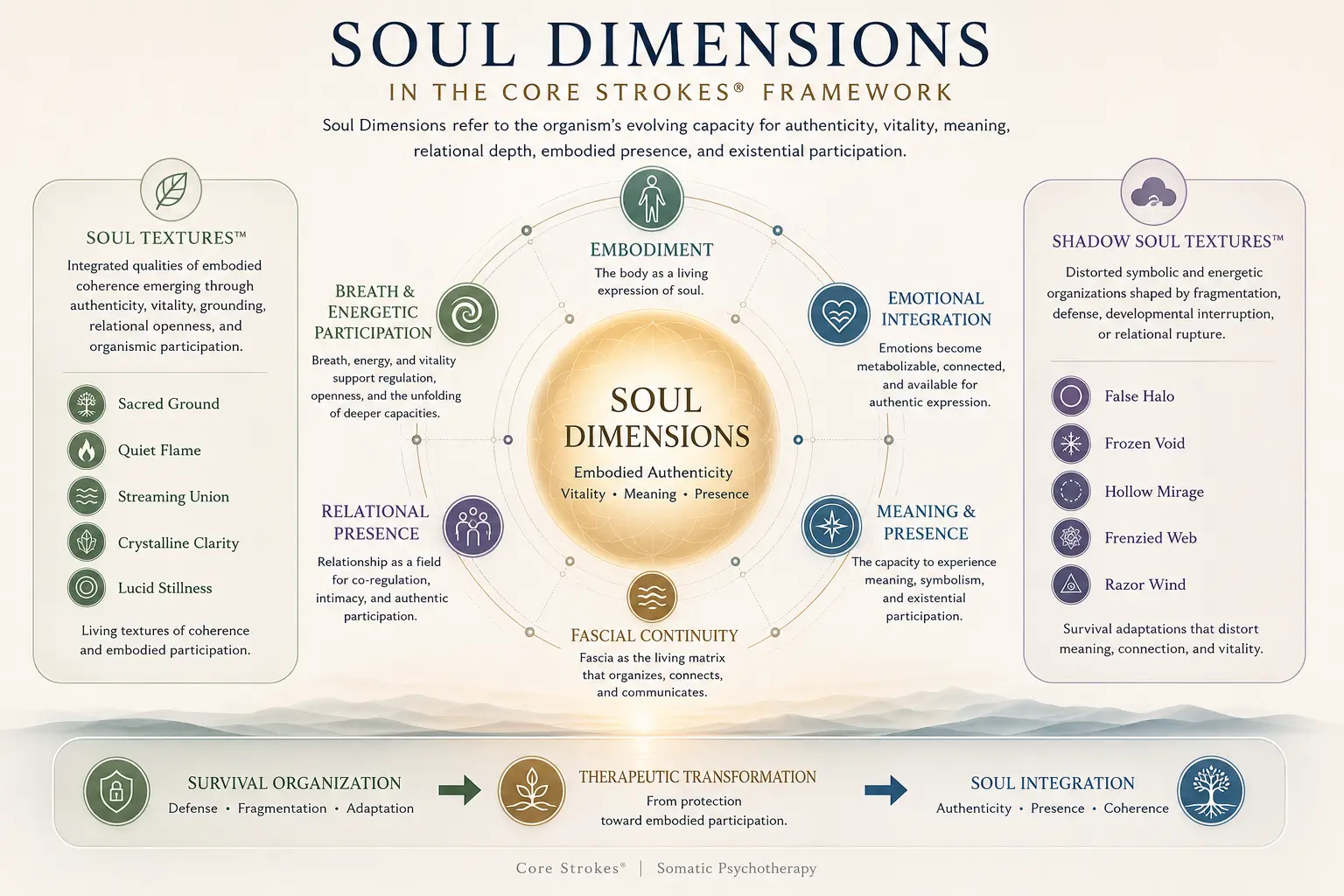 Soul Dimensions in Core Strokes® somatic psychotherapy showing embodiment, emotional integration, relational presence, Soul Textures™, Shadow Soul Textures™, fascial continuity, and therapeutic transformation.