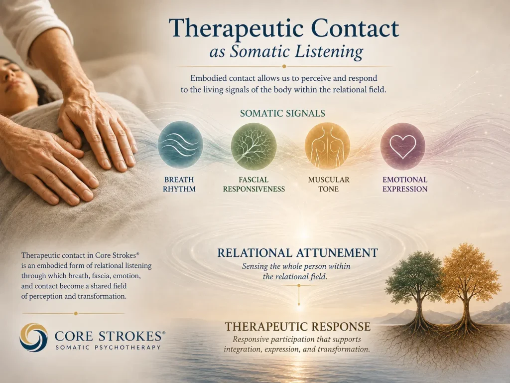 Therapeutic Contact as Somatic Listening | Core Strokes® Therapeutic Contact as Somatic Listening in Core Strokes® somatic psychotherapy, illustrating embodied touch, breath rhythm, fascial responsiveness, emotional expression, relational attunement, and therapeutic transformation.