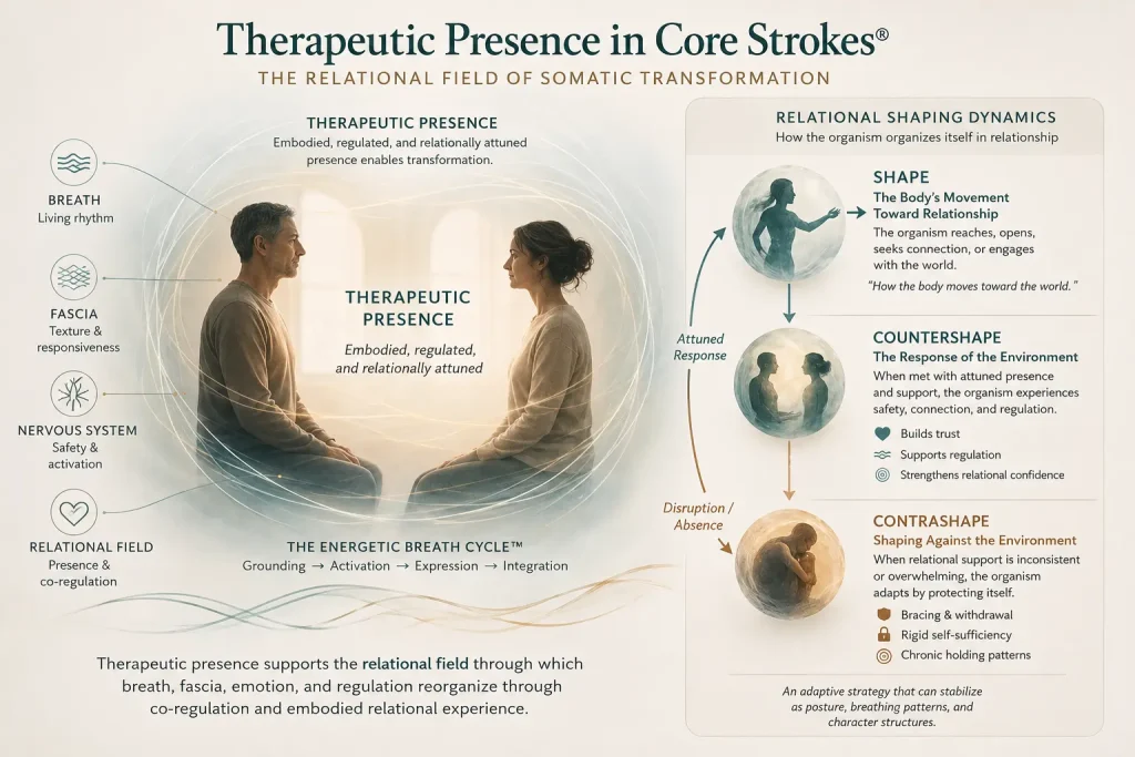 Therapeutic Presence in Somatic Psychotherapy | Core Strokes® Therapeutic Presence in Core Strokes® illustrating embodied relational presence, co-regulation, breath, fascia, nervous system regulation, and relational shaping dynamics in somatic psychotherapy.