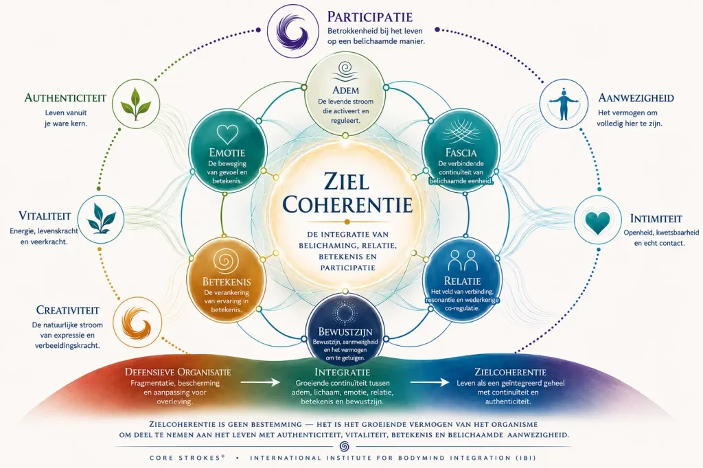 Zielcoherentie – Core Strokes® Diagram van Zielcoherentie dat de integratie toont van ademhaling, fascia, emotie, relatie, betekenis, bewustzijn en belichaamde participatie binnen het Core Strokes®-kader.