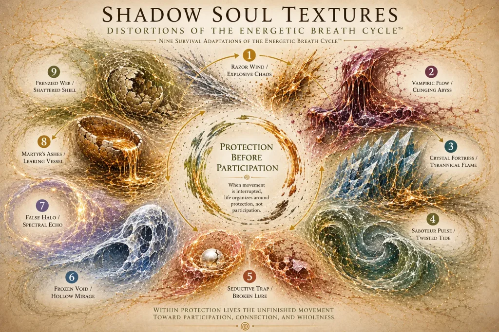 Shadow Soul Textures – Distortions of the Energetic Breath Cycle™ Shadow Soul Textures in Core Strokes® showing nine adaptive survival organizations arising from distortions of the Energetic Breath Cycle™, including Razor Wind, Vampiric Flow, Crystal Fortress, Seductive Trap, False Halo, Martyr’s Ashes, and Frenzied Web.