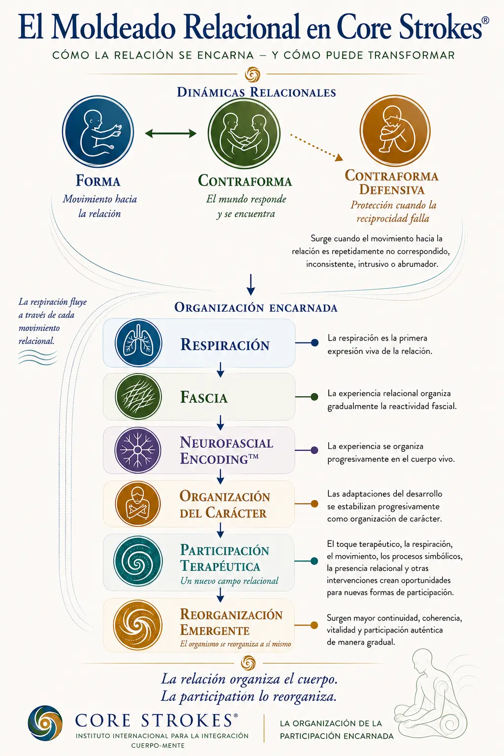 Diagrama del Moldeado Relacional en Core Strokes®, que muestra cómo la forma, la contraforma, la contraforma defensiva, la respiración, la fascia, el Neurofascial Encoding™, la organización del carácter, la participación terapéutica y la reorganización emergente interactúan dentro de la psicoterapia corporal y la psicoterapia somática.