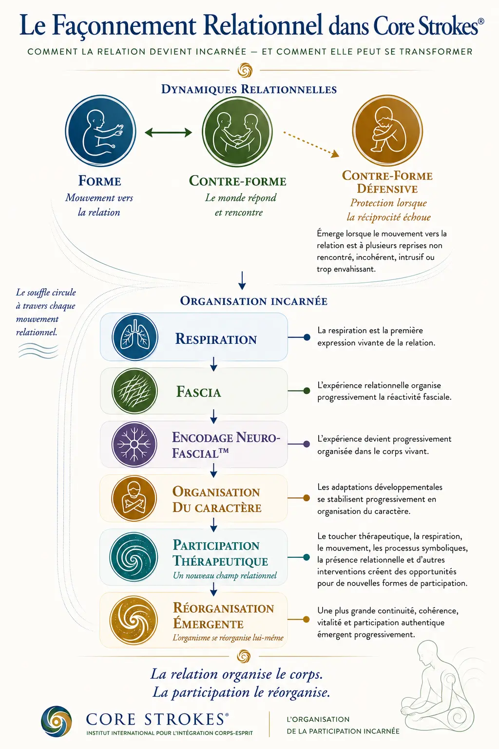 processus-de-faconnement-relationnel-core-strokes Schéma illustrant le processus de façonnement relationnel dans Core Strokes®, montrant comment la forme, la contre-forme, la contre-forme défensive, la respiration, le fascia, le Neurofascial Encoding™, l’organisation du caractère, la participation thérapeutique et la réorganisation émergente interagissent en psychothérapie somatique.