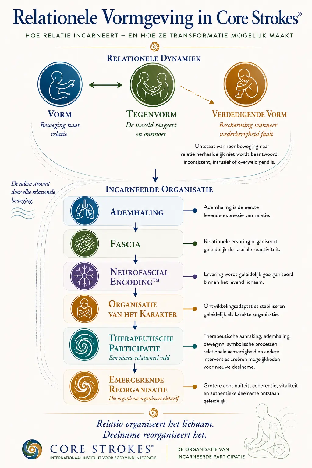 relationele-vormgeving-core-strokes Diagram van de Relationele Vormgeving in Core Strokes®, waarin wordt getoond hoe vorm, tegenvorm, verdedigende vorm, ademhaling, fascia, Neurofascial Encoding™, karakterorganisatie, therapeutische participatie en emergerende reorganisatie samenhangen binnen de lichaamsgerichte en somatische psychotherapie.